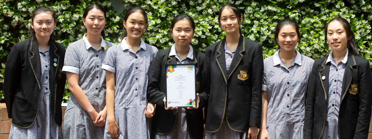 A group of girls in their school uniforms proudly present their participation award certificate after joining forces in the Write a Book in a Day challenge.