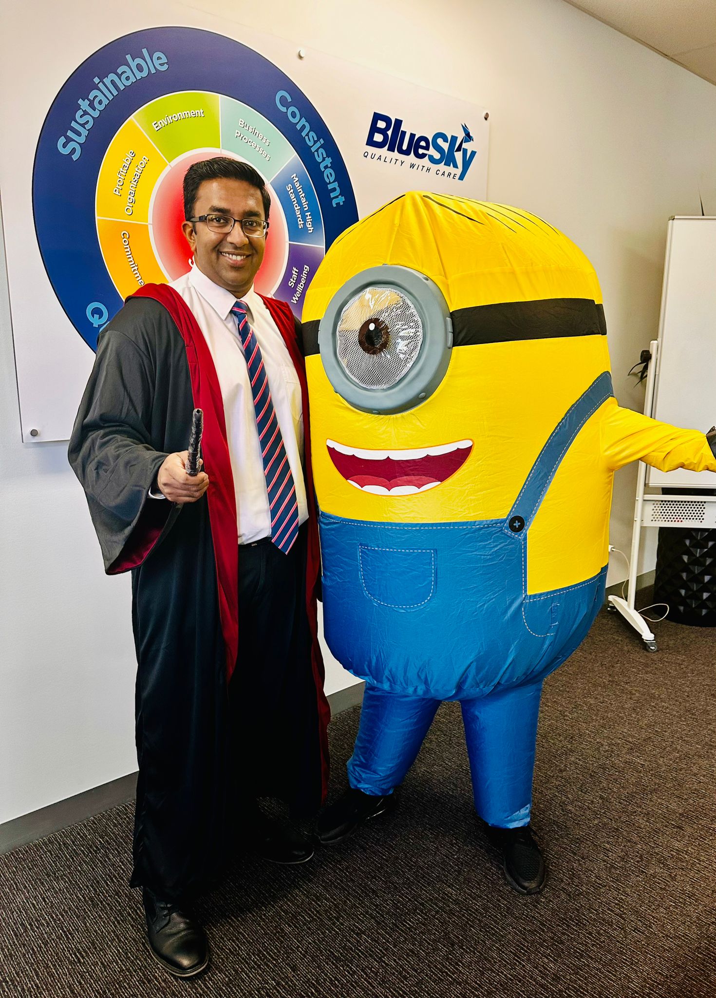 Blue Sky Services CEO channelling the inner wizard with a touch of mischief! Harry Potter meets Minions for spellbinding day at the office.