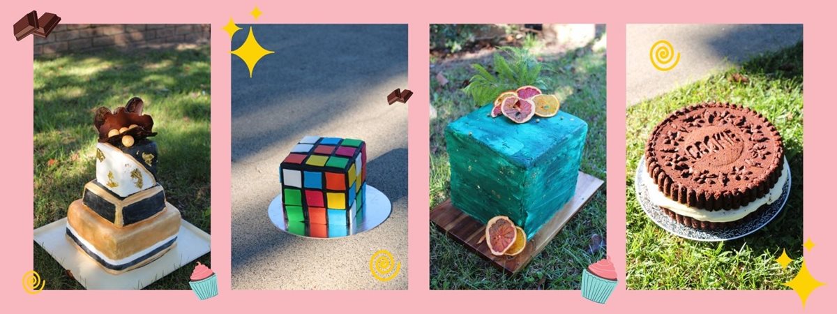 This slide shows a collage of baked goods from the fundraiser; it includes a multi-tiered cake covered in fondant icing and decoration, a cake that looks like a Rubik's cube, a cube shaped cake with bright turquoise icing and decorated with orange slices and a cake that looks like a giant Oreo