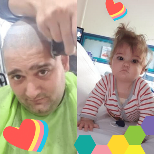 Nicholas, left, shaving his head, and his daughter Eva, right.