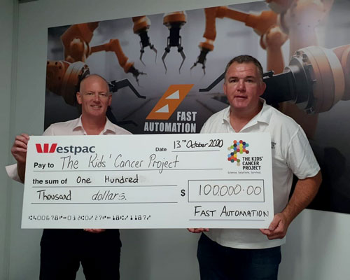 Fast Automation CEO, David Askew (left) presents a cheque to Owen Finegan, The Kids'Cancer Project CEO.