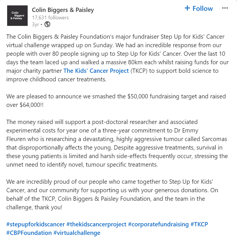 Displayed is a snippet from a LinkedIn post shared by Colin Biggers & Paisley to promote the Step Up for Kids' Cancer fundraiser in partnership with TKCP