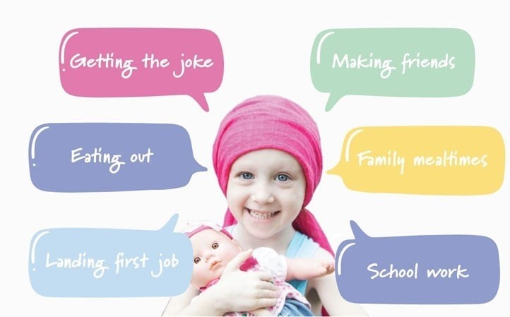 A small child wearing a bright pink headscarf and cuddling a baby doll, smiles in front of a white backdrop; surrounding her are stylised speech bubbles in various pastel colours, they list different things that all children want to experience - the text in the speech bubbles reads: "Getting the joke", "Eating out", "Landing first job", "Making friends", "Family mealtimes" and "School work"