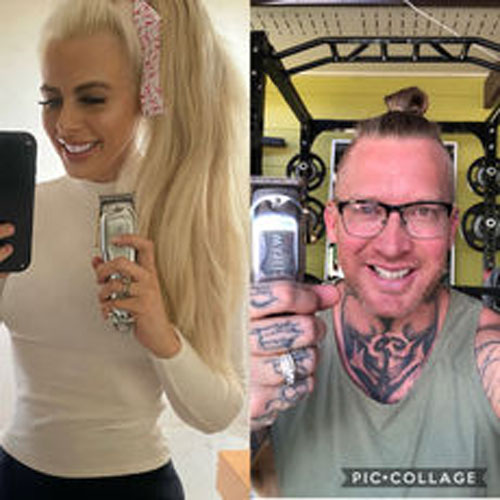 Jodie on the left with her long blonde hair and Nick, her husband, on the right with his manbun.