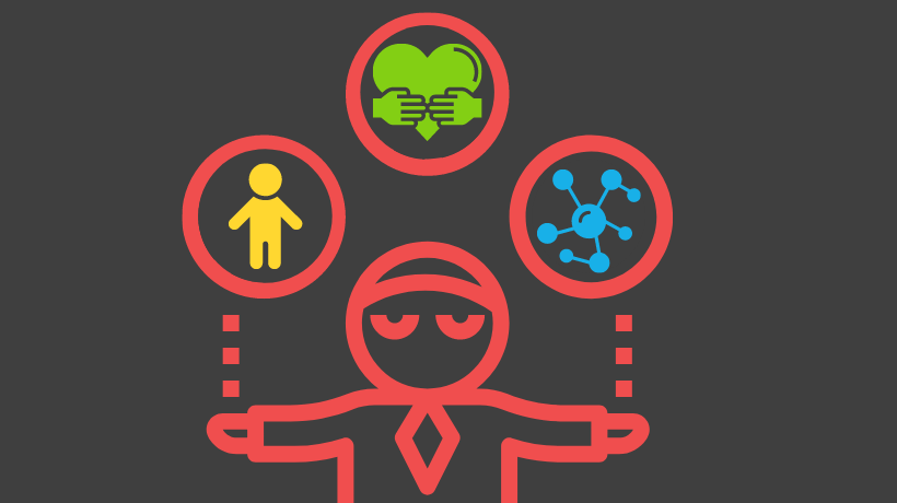 On a dark grey background is a digitally created graphic - in red is a cartoonish outline of a person wearing a necktie with both arms stretched out either side; above that are 3 red circles (outline only, not filled in) - the circle on the left contains a yellow icon shaped like a person, the circle in the middle contains a green icon shaped like a heart with 2 hands grasping it and the circle on the right contains a blue icon shaped like some sort of molecular structure.