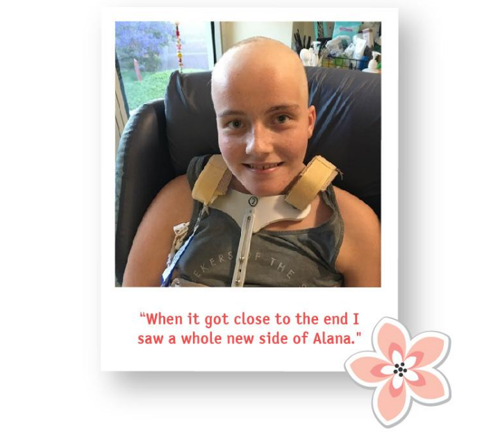 Polaroid of Alana during treatment, no hair anymore, but still smiling