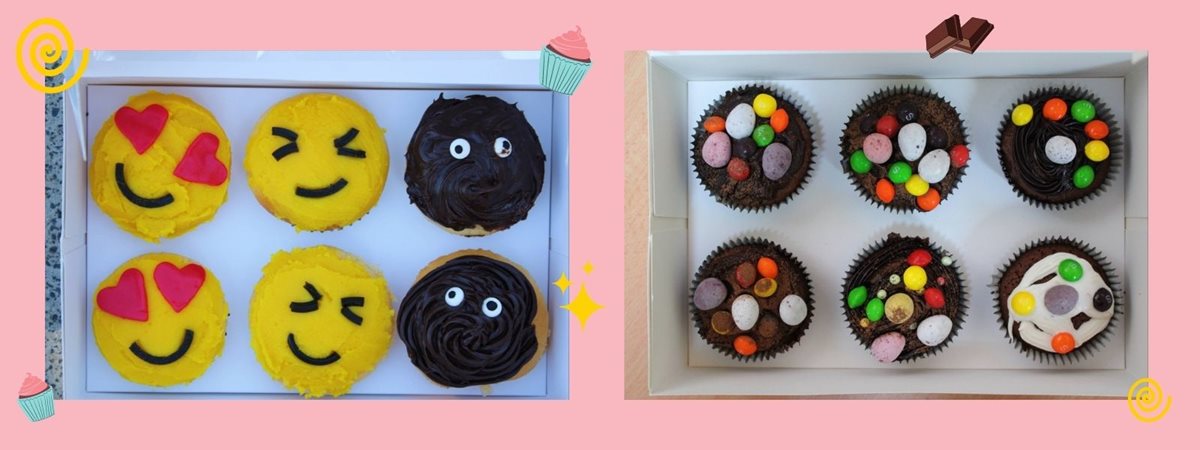 This slide shows a collage of decorated cupcakes from the fundraiser - some cupcakes are decorated with bright icing and lollies, and other cupcakes are decorated like emojis