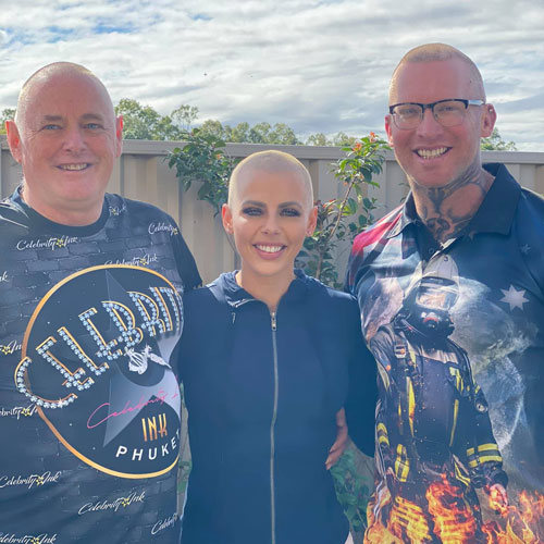 Jodie's dad Chris (left) with her and Nick, all bald