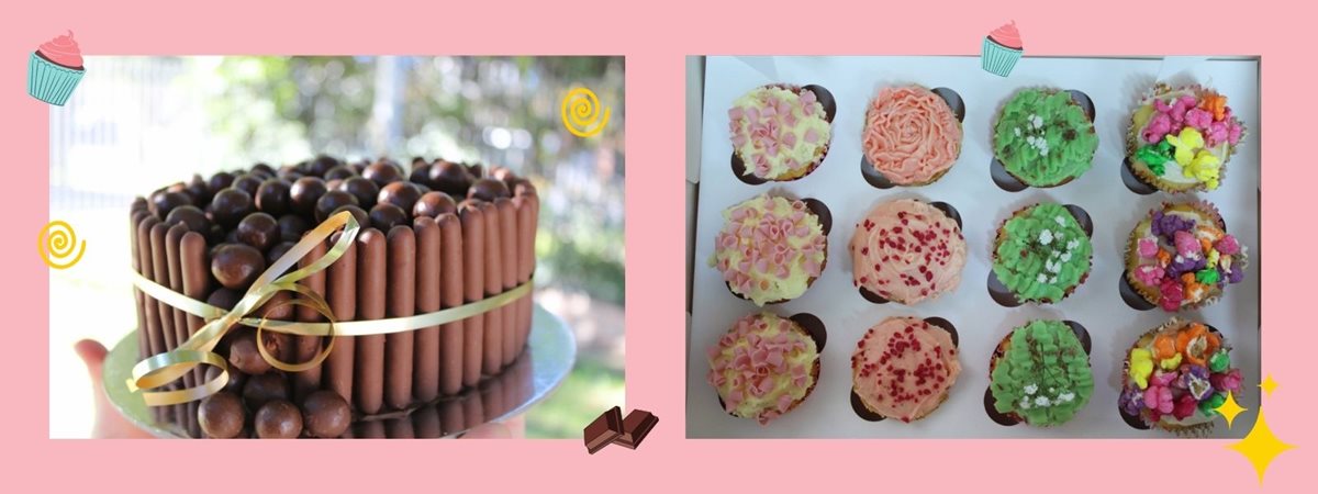 A picture collage of some of the baked goods made by the school during the fundraiser; this slide shows the chocolate cake from the start of the article and a delicious bunch of cupcakes brightly decorated with icing, flowers and colourful popcorn